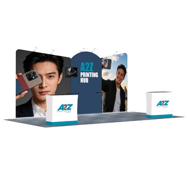 Image of 10 ft x 20 ft Curved Trade Show Booth With Dual Slanted Backdrop and Podium